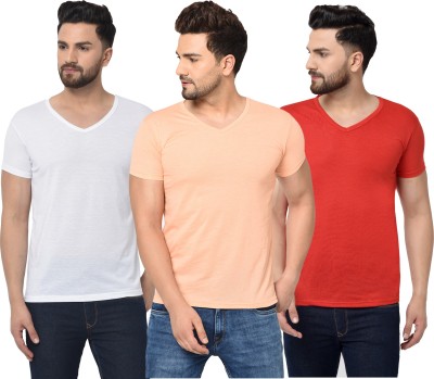 Tivy Solid Men V Neck Red, White, Beige T-Shirt