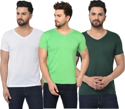 Unite Wear Solid Men V Neck Dark Green, Green, White T-Shirt