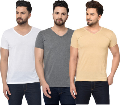 Adorbs Solid Men V Neck White, Grey, Beige T-Shirt