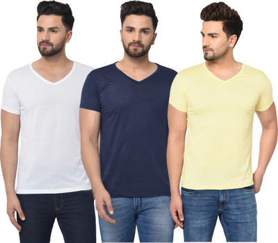Bribzy Solid Men V Neck Dark Blue, White, Yellow T-Shirt