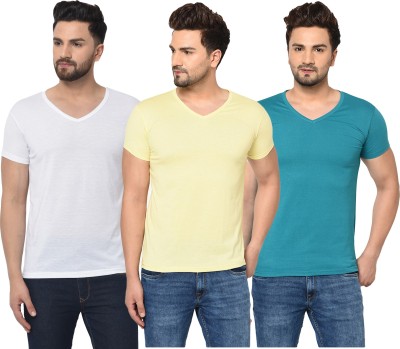 Tivy Solid Men V Neck White, Green, Yellow T-Shirt