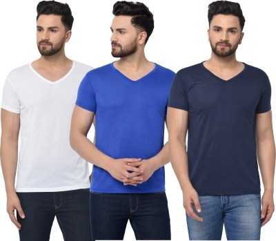 Unite Wear Solid Men V Neck Dark Blue, White, Blue T-Shirt