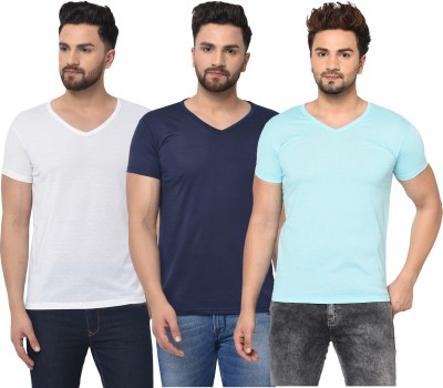 Tivy Solid Men V Neck Dark Blue, Light Blue, White T-Shirt