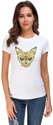 UDNAG Printed Women Round Neck White T-Shirt