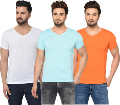 Adorbs Solid Men V Neck Light Blue, White, Orange T-Shirt