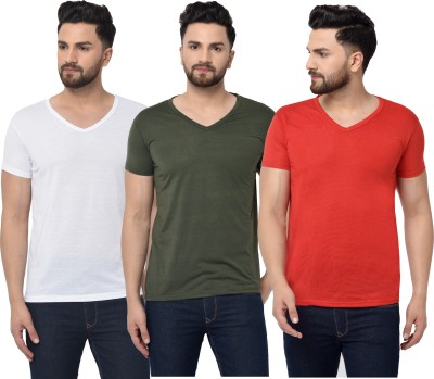 Bribzy Solid Men V Neck Dark Green, Red, White T-Shirt