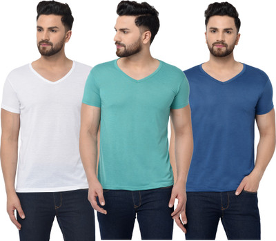 Jangoboy Solid Men V Neck Dark Blue, Light Blue, White T-Shirt