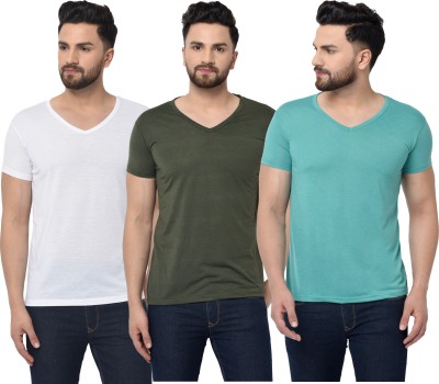 Jaskart Solid Men V Neck Light Blue, Dark Green, White T-Shirt