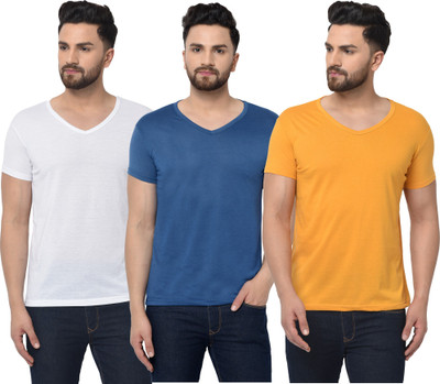 Jangoboy Solid Men V Neck White, Blue, Yellow T-Shirt