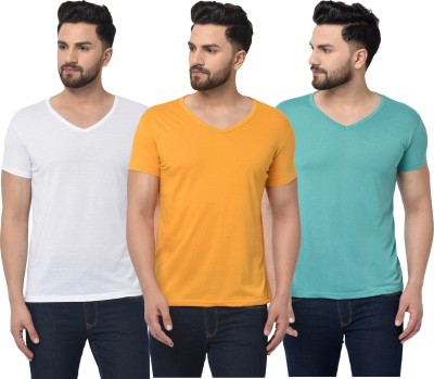 Tivy Solid Men V Neck White, Blue, Yellow T-Shirt