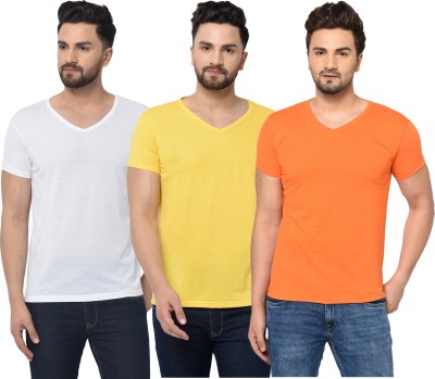 Adorbs Solid Men V Neck White, Orange, Yellow T-Shirt