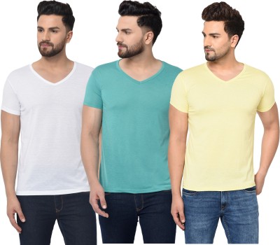 Jaskart Solid Men V Neck White, Blue, Yellow T-Shirt