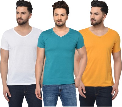 Tivy Solid Men V Neck White, Blue, Yellow T-Shirt