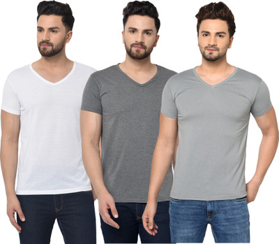 Adorbs Solid Men V Neck White, Grey T-Shirt