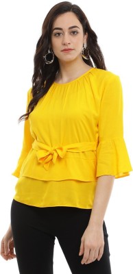 Grozis Casual Bell Sleeve Solid Women Yellow Top