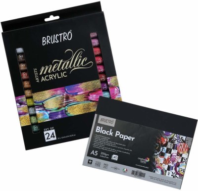 BRuSTRO Artists' Metallic Gouache Set of 18x12ml with Black Paper A5 (40 Sheets)