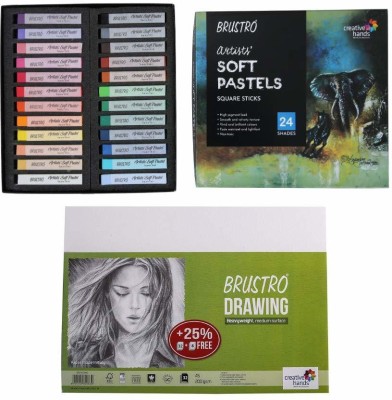 BRuSTRO Artists' Soft Pastels Set of 24 with Drawing Paper