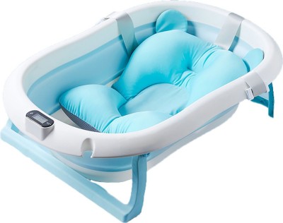 SYGA Baby Bath Tub, Foldable Bathtub with Support Cushion, Thermometer, Drain Plug,Stable Anti-Skid Collapsible Infant Shower Basin for Toddlers Newborns Bathing_Blue(Blue)