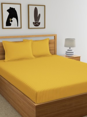 Shubastik 210 TC Cotton, Satin King Striped Flat Bedsheet(Pack of 1, Lemon Yellow)