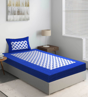 E ELMA Cotton Single Flat 144 TC Jaipuri Prints Bedsheet(Pack of 1, Blue)