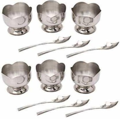 YASHODEEP PLASTIC Stainless Steel Dessert Bowl Flower Shape Ice Cream Cup with Dessert Spoon Steel Soup Bowl (Silver, Pack of 12) Steel Dessert Bowl (Steel, Pack of 12)(Pack of 6, Steel)