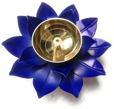 Idolsplace Pure Brass Lotus Style Blue Coloured Akhand Diya/Unique Kamal Diya for Navratri NAD Diwali Pooja Pack of 1 Brass Table Diya(Height: 3 inch)
