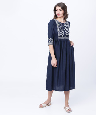 Vishudh Women Fit and Flare Blue Midi/Calf Length Dress