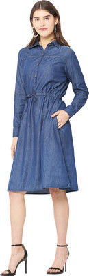 Avyanna Women Fit and Flare Dark Blue Knee Length Dress