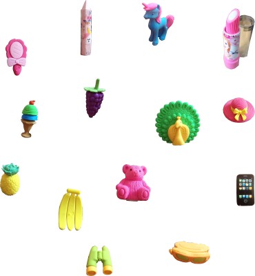 ToyVTX Pack of 14 Small Fancy Erasers StyCOD811 for Kids Fruits Animals Shapes Non-Toxic Eraser(Multicolor)