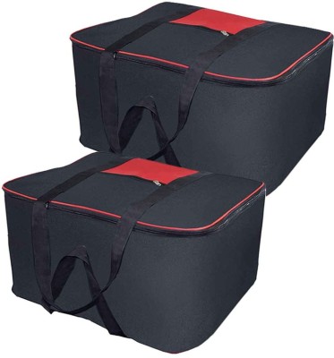 Unicrafts Underbed Storage Bag Multi Purpose Foldable Nylon Big Underbed Storage Bag Blanket Storage Bag Cloth Storage Organizer Blanket Cover with Handles Pack of 2 Black UB_Black2(Black, red)