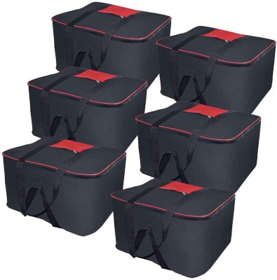 Unicrafts Underbed Storage Bag Multi Purpose Foldable Nylon Big Underbed Storage Bag Blanket Storage Bag Cloth Storage Organizer Blanket Cover with Handles Pack of 6 Black UB_Black6(Black, red)