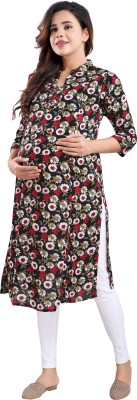 mamma's maternity Women Printed Straight Kurta(Black)