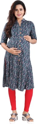 mamma's maternity Women Printed Straight Kurta(Grey)