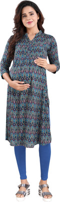 mamma's maternity Women Printed Straight Kurta(Dark Green)