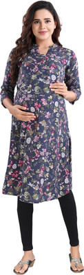 mamma's maternity Women Printed Straight Kurta(Blue)