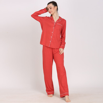 PRETTY LOVING THING Women Self Design Red Shirt & Pyjama set