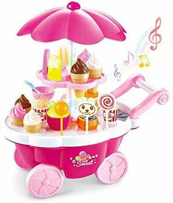 shop 27 Ice Cream Stroller Sound and Light Candy Cart 39 Pcs, Ice Cream Play Cart Kitchen Set Toy with Lights and Music ( 30 PCS )
