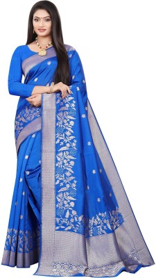bendist export Floral Print Kanjivaram Silk Blend Saree(Blue)