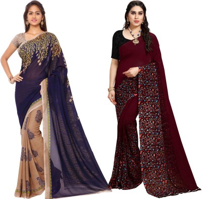 Anand Printed Daily Wear Georgette Saree(Pack of 2, Blue, Brown, Beige)