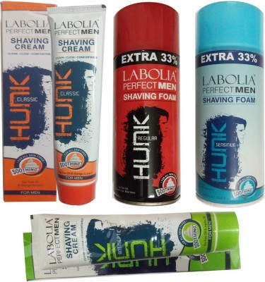 LABOLIA 1 hunk shaving cream antiseptic for men(120gm)+ 1 hunk shaving cream classic for men(120gm)+ 1 hunk shaving foamregular(400ml)+ 1 hunk sensitive shaving shaving foam(400ml)(4 Items in the set)