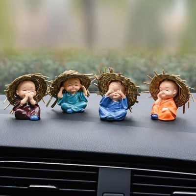 Feng Shui Set of 4 Cute Mini Buddha Monk With Straw Hat Idol Statue Decorative Showpiece  -  6 cm(Polyresin, Multicolor)
