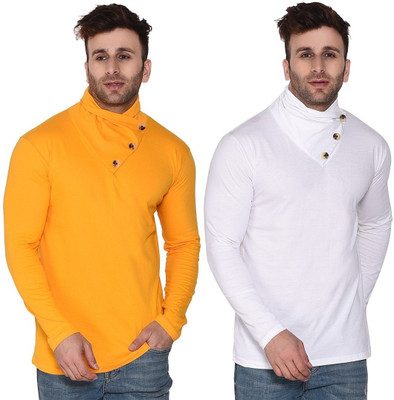 Trendfull Solid Men High Neck White, Yellow T-Shirt