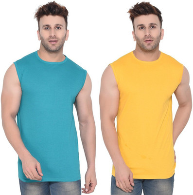 BEYOU FASHION Solid Men Round Neck Light Blue, Yellow T-Shirt