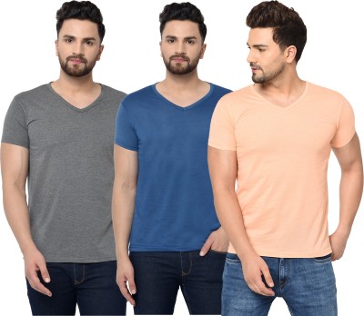 Tivy Solid Men V Neck Blue, Pink, Grey T-Shirt