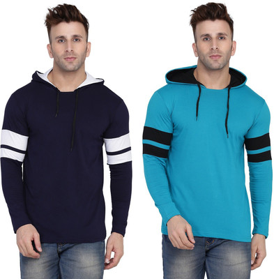 GEUM Solid Men Hooded Neck Blue T-Shirt