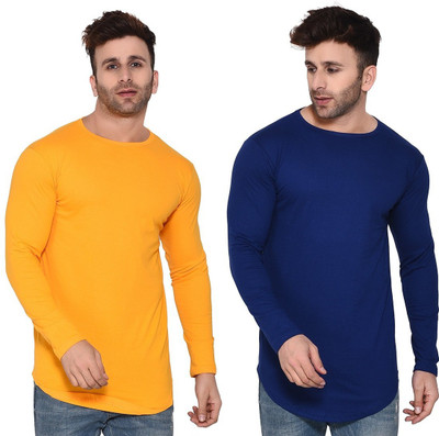 GEUM Solid Men Round Neck Dark Blue, Yellow T-Shirt