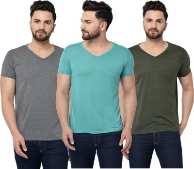 Jaskart Solid Men V Neck Dark Green, Light Blue, Grey T-Shirt