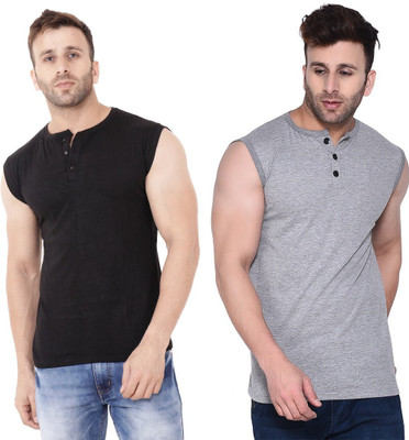 GEUM Solid Men Henley Neck Black, Grey T-Shirt