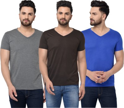 Adorbs Solid Men V Neck Blue, Brown, Grey T-Shirt