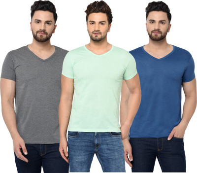 Unite Wear Solid Men V Neck Green, Blue, Grey T-Shirt